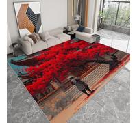 Tapis de Salon Moderne 80 x 150 cm Oriental Traditionnel, Tapis Antidérapant Samouraï Cerisier en Fleurs Pagode Doux et Durable - Moquette Grand Lavable pour Chambre Adulte Salle à Manger Cuisine