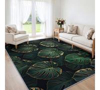 Tapis de Salon Monstera Veines Dorées Vert Émeraude 160x230cm, pour Chambre | Botanique Forêt Tropicale, Tapis Lavable en Laine Synthétique, Antidérapant, Poils Courts, Descente de Lit, Bureau
