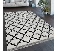 Tapis De Salon Motif Marocain Franges Tissé À La Main Laine Coton Blanc