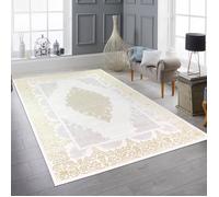 Tapis de salon oriental design TEPPICH-TRAUM - Größe 120 cm Rund - Motifs dorés et gris sur fond blanc