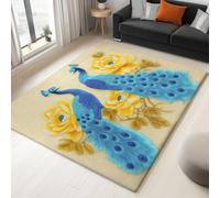 Tapis de Salon Peinture À L'Huile Paon Bleu Fleurs Jaunes 120 x 180 cm Poil Court Moderne Chambre Enfant Adulte Tapis, Jaune Doux Lavable Antidérapant Moquette, pour Entrée, Cuisine, Couloir