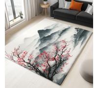 Tapis de Salon Peinture L'Encre Montagnes Pavillon Fleurs Pêcher 120 x 180 cm Poil Court Moderne Chambre Enfant Adulte Tapis, Beige Doux Lavable Antidérapant Moquette, pour Entrée, Cuisine, Couloir