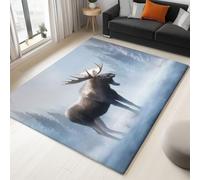 Tapis de Salon Peinture Numérique Forêt d'hiver Élan 120 x 180 cm Poil Court Moderne Chambre Enfant Adulte Tapis, Blanc Doux Lavable Antidérapant Moquette, pour Entrée, Cuisine, Couloir