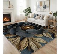 Tapis de Salon Plante Fleurs Noires Et Dorées Exquises 180 x 240 cm Moderne Tapis, Luxe 3D AntidéRapant Doux Poil Court Lavable Moquette - pour Salon Chambre et Salle à Manger