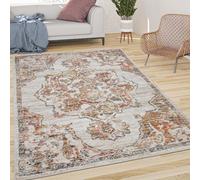 Tapis De Salon Poils Ras Vintage Pastel Motif Orient Bordure Blanc Cassé Beige