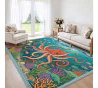 Tapis de Salon Poulpe Géant Monde sous Marin 180x270cm, Doux | Océan Illustration Dessin Animé, Tapis Lavable en Machine, Poil Ras, Antidérapant, Ne Peluche Pas, pour cuisine
