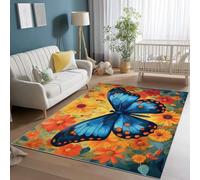 Tapis de Salon Rêve Papillon Fleurs Peinture À l'huile Orange Bleu Imprimés Lavable Doux et Antidérapant Poils Courts Tapis pour Salon Chambre Bureau Chambre d'enfant, 80 x 150 cm