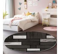 Tapis de Salon Rond 100 cm, Doux Flanelle Poil Courts Style Industriel Planche De Bois Rectangle Imprimé Entretien Facile Antidérapant Noir Blanc Tapis Rond - pour Salon Chambre Salle a Manger