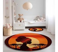Tapis de Salon Rond 120 cm, Doux Poil Courts Silhouette du Coucher De Soleil en Afrique Imprimé Intérieur Dessous antidérapant Non Pelucheux Orange Marron Tapis Rond - pour Salon Chambre Cuisine