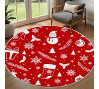 Tapis de Salon Rond 120cm Décoration de Noël Feuilles de Houx Bonhomme de Neige Tapis Rond Décor de Fête Rouge Blanc Paillasson Poil Bas, Moelleux, pour Nursery, Chambre à Coucher, Salle à Manger