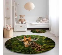 Tapis de Salon Rond 150 cm, Doux Flanelle Poil Courts Animaux Girafe Feuilles Vertes Imprimé Entretien Facile Antidérapant Vert Marron Tapis Rond - pour Salon Chambre Salle a Manger