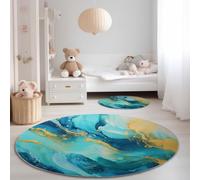 Tapis de Salon Rond 160 cm, Doux Poil Courts Abstrait Fluide Feuille d'or Imprimé Intérieur Dessous antidérapant Non Pelucheux Bleu Or Tapis Rond - pour Salon Chambre Cuisine