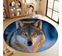 Tapis de Salon Rond 160 cm, Tapis Rond en Flanelle Surréalisme Animal Loup Imprimé Antidérapant à Poils Courts Lavable - pour Salle à Manger Chambre d’Enfant Nurserie (Bleu)
