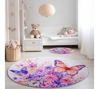 Tapis de Salon Rond 180 cm, Doux Poil Courts Aquarelle Fleurs Papillons Imprimé Intérieur Dessous antidérapant Non Pelucheux Rose Violet Tapis Rond - pour Salon Chambre Cuisine