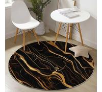 Tapis de salon rond - 210 cm - Motif abstrait élégant - Bleu marine et doré - Lavable - Poils courts - Antidérapant - Pour salle à manger, chambre d'enfant, couloir