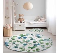 Tapis de Salon Rond 60 cm, Doux Flanelle Poil Courts Aquarelle Plantes Feuilles D'Eucalyptus Imprimé Entretien Facile Antidérapant Vert Bleu Tapis Rond - pour Salon Chambre Salle a Manger