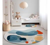Tapis de Salon Rond 60 cm, Doux Poil Courts Abstrait Dessiné À La Main Géométrique Imprimé Intérieur Dessous antidérapant Non Pelucheux Bleu Orange Tapis Rond - pour Salon Chambre Cuisine