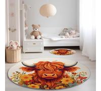 Tapis de Salon Rond 90 cm, Doux Poil Courts Bovins des Highlands Mignons Fleurs Imprimé Intérieur Dessous antidérapant Non Pelucheux Orange Jaune Tapis Rond - pour Salon Chambre Cuisine