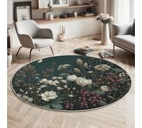 Tapis de Salon Rond à Poils Courts 100cm Tapis de Sol Décoration Fleurs Sauvages Sombres Descente de Lit Plantez Des Fleurs Et Des Baies Antidérapant pour Chambre Terrasse Salle à Manger, Vert Foncé