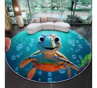 Tapis de Salon Rond à Poils Courts 150 cm (Round) Tapis de Sol Décoratif Doux et Dessin animé de Bulle de Dialogue de Tortue Antidérapant pour Salon Chambre,Tapis Interieur Couloir, Bleu Orange