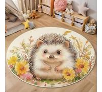 Tapis De Salon Rond À Poils Courts 160 Cm Tapis De Sol Décoratif Doux Et Confortable Hérisson Mignon Antidérapant pour Salon Chambre, Crème Imprimés Floraux Et Animaliers