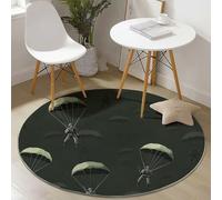 Tapis de Salon Rond à Poils Courts 160 cm Tapis de Sol Décoratif Doux et Confortable Militaire Dessin Animé Antidérapant pour Salon Chambre Salle à Manger, Vert Parachutistes Parachutes