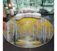 Tapis de Salon Rond à Poils Courts 160 cm Tapis de Sol Décoratif Doux et Confortable Nature Aquarelle Arbres Chemin Antidérapant pour Salon Chambre Salle à Manger, Jaune Gris