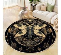 Tapis de Salon Rond à Poils Courts 160cm Tapis de Sol, Doux et Confortable Moquette Chambre Psychédélique Géométrique, Lune Papillons De Nuit Antidérapant Moquette Décoratif Rond, Noir de jais