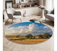 Tapis De Salon Rond À Poils Courts 180Cm Tapis De Sol Décoration Champs Ruraux Doux Descente De Lit Champs Blé Maisons Pierre Grands Arbres Antidérapant Pour Chambre Terrasse Salle À Manger, Or Vert