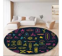 Tapis de Salon Rond à Poils Courts 60 cm (Round) Tapis de Sol Décoratif Doux et Icônes néon Sombres des Jeux Tendance Antidérapant pour Salon Chambre,Tapis Entree Interieur Couloir, Couleur Noir