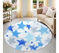 Tapis de Salon Rond à Poils Courts 60 cm Tapis de Sol Décoratif Doux et Confortable Dessins Animés Stars Graffitis Antidérapant pour Salon Chambre Salle à Manger, Bleu Blanc