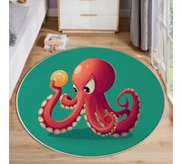 Tapis De Salon Rond À Poils Courts 60 Cm Tapis De Sol Décoratif Doux Et Confortable Pieuvre Dessin Animé Antidérapant pour Salon Chambre, Vert Imprimés d'animaux Marins