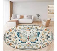 Tapis de Salon Rond à Poils Courts 90 cm (Round) Tapis de Sol Décoratif Doux et Fleurs Papillon Bleues de Style William Morris Antidérapant pour Salon Chambre,Tapis Interieur Couloir, Bleu Orange