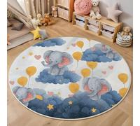 Tapis De Salon Rond À Poils Courts 90 Cm Tapis De Sol Décoratif Doux Confortable Petit Éléphant Mignon Antidérapant, Lavable, Facile d'entretien pour Salon, Chambre, Chambre d'enfant, Bleu Aquarelle