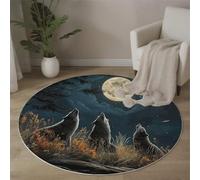 Tapis de Salon Rond à Poils Courts Ciel Nocturne De La Forêt Sauvage Tapis de Sol Décoratif Hurlement Du Loup Doux et Confortable Antidérapant pour Salon, Chambre, Salle à Manger, 100cm, Bleu Foncé