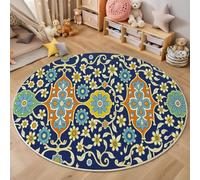 Tapis de Salon Rond Art Du Carrelage Traditionnel 160cm Tapis de Sol Rond Fleurs Géométriques Poils Courts Antidérapant Anti-Fatigue pour Salle à Manger Descente de Lit ou Chambre Enfant, Bleu Foncé