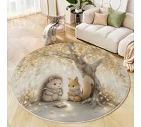 Tapis de Salon Rond Dessins Animés Contes De Fées, Hérisson Renard Ginkgo Biloba Estampe Doux Jaune Doré Tapis Antidérapant Lavable en Machine, pour Salon Salon Chambre à Coucher Cuisine 100cm