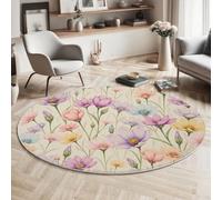 Tapis de Salon Rond Fleurs Romantiques, Fleurs Sauvages À L'Aquarelle Tapis Antidérapant Doux Moelleux pour Décoration Salle à Manger Canapé ou Chambre d'enfant (Couleur pastel, Diamètre 80cm )