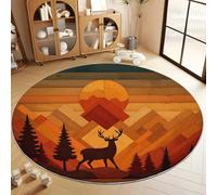 Tapis de Salon Rond Grain De Bois Géométrique Montagnes Pins Cerf 150 cm Poil Court Tapis Rond, Chambre Enfant Couleur Orange Doux Lavable Antidérapant Moquette Ronds pour Entrée Cuisine Couloir
