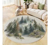 Tapis de Salon Rond Illustrations De Paysages Naturels, Forêt De Pins Brume Estampe Doux Vert Tapis Antidérapant Lavable en Machine, pour Salon Chambre à Coucher Cuisine Salle à Manger 160cm