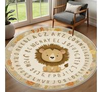 Tapis de Salon Rond Lion Kawaii Animaux De Dessin Animé ABC Grand Tapis Rond 200cm Fleurs Sauvages De La Ferme Paillasson Doux, Ne Perd Pas Ses Poils, Moelleux, pour Chambre à Coucher, Salle à Manger