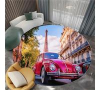 Tapis de Salon Rond Photographie Paris Voitures Classiques 120 cm Poil Court Tapis Rond, Moderne Chambre Enfant Adulte Rouge Doux Lavable Antidérapant Moquette Ronds pour Entrée Cuisine Couloir
