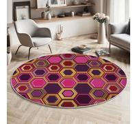 Tapis de Salon Rond Rétro Géométrique, Motif Forme Hexagonale Symétrique Tapis Antidérapant Doux Moelleux pour Décoration Salle à Manger Canapé ou Chambre d'enfant (Rose foncé, Diamètre 200cm )