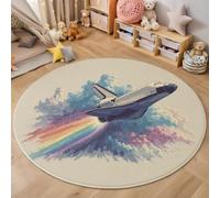 Tapis de Salon Rond Science-Fiction Illustration, Navette Spatiale Nuages Estampe Doux Multicolore Tapis Antidérapant Lavable en Machine, pour Salon Chambre à Coucher Cuisine Salle à Manger 90cm