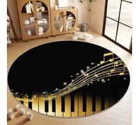 Tapis de Salon Rond Thème Musical Touches De Piano Notes Musicales 150 cm Poil Court Tapis Rond, Moderne Chambre Enfant Adulte Noir Doux Lavable Antidérapant Moquette Ronds pour Entrée Cuisine Couloir
