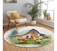 Tapis de Salon Ronds en Flanelle 100 cm, Aquarelle Ferme Fleurs Sauvages Poulet Imprimé Tapis de Sol Décoration Antidérapant pour Salon Chambre Cuisine Balcon Terrasse Salle à Manger Intérieur Coloré
