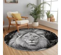 Tapis de Salon Ronds en Flanelle 160 cm, Gros Plan Lion Animal Portrait Imprimé Tapis de Sol Décoration Antidérapant pour Salon Chambre Cuisine Balcon Terrasse Salle à Manger Intérieur Gris Blanc
