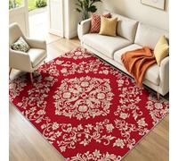 Tapis de Salon Rouge - Luxe Classique Polyester Tapis à Poils Courts - Abstrait Damas Circulaire Fleurs Motif - Tapis Doux Antidérapant 160 x 230 cm pour Chambre d'enfant Cuisine Salle d'étude