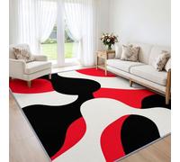 Tapis de Salon Rouge Noir Bloc Couleur Géométrique 140x200cm, Doux | Vagues Abstraites Modernes, Tapis Lavable en Machine, Poil Ras, Antidérapant, Ne Peluche Pas, pour cuisine, Descente de Lit