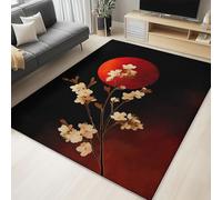 Tapis de Salon Soleil rouge fleur de cerisier style japonais 120 x 170 cm, Tapis de Chambre Doux Lavable en Machine, Décoration pour Cuisine Entrée Salle de Détente Dessous de Lit et Dortoir, Noir